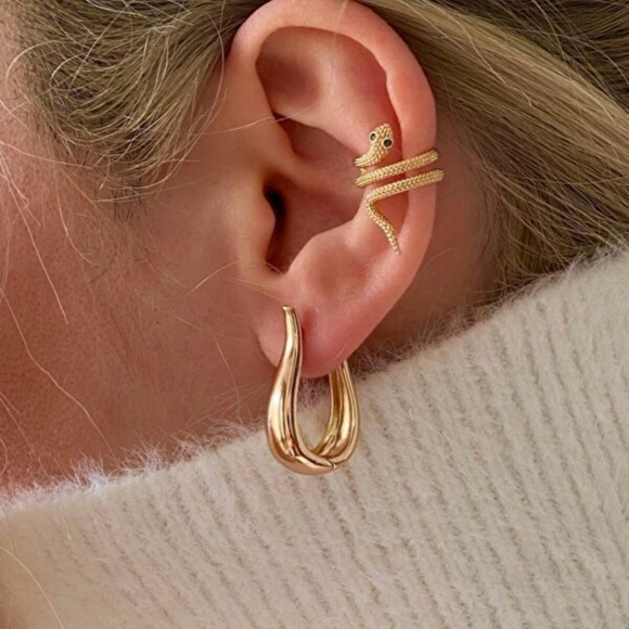 Drop Hoop Earrings | 18K Gold Plated | Modern Luxury Hypoallergenic Jewelry - Picture 3 of 8